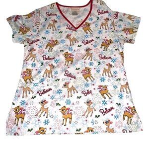 Rudolph The Red-Nosed Reindeer Womens XS V-Neck Holiday Scrub Top Snowflake & Be